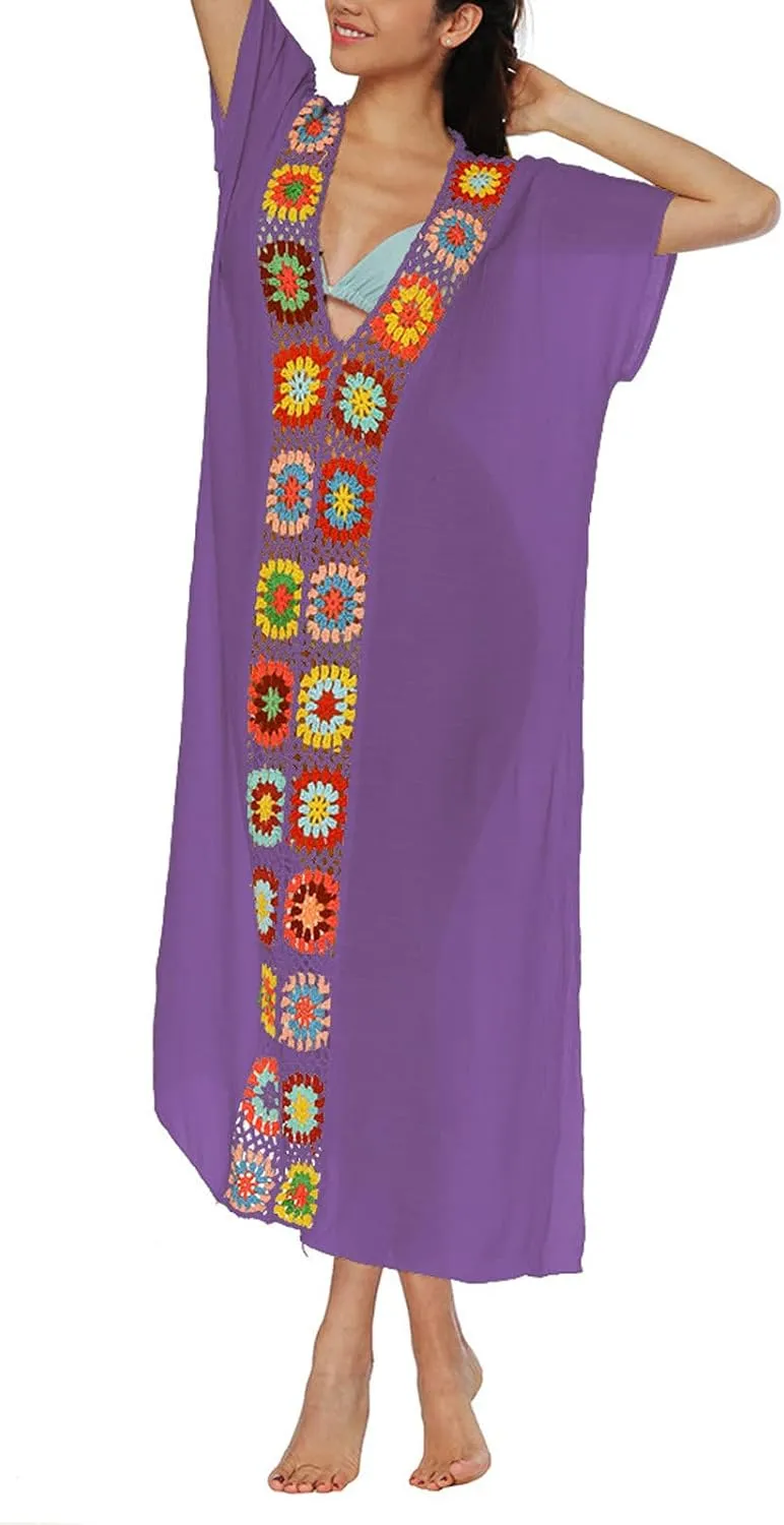 Summer Women Kaftan Dress Swimsuit Cover Up Caftan Split Maxi Swimwear Beach Dresses Deep V Neck Crochet Bathing Suit