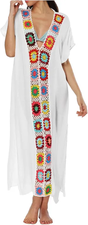 Summer Women Kaftan Dress Swimsuit Cover Up Caftan Split Maxi Swimwear Beach Dresses Deep V Neck Crochet Bathing Suit