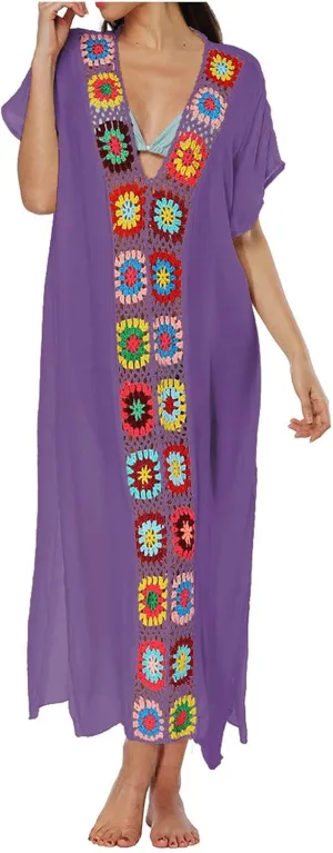 Summer Women Kaftan Dress Swimsuit Cover Up Caftan Split Maxi Swimwear Beach Dresses Deep V Neck Crochet Bathing Suit