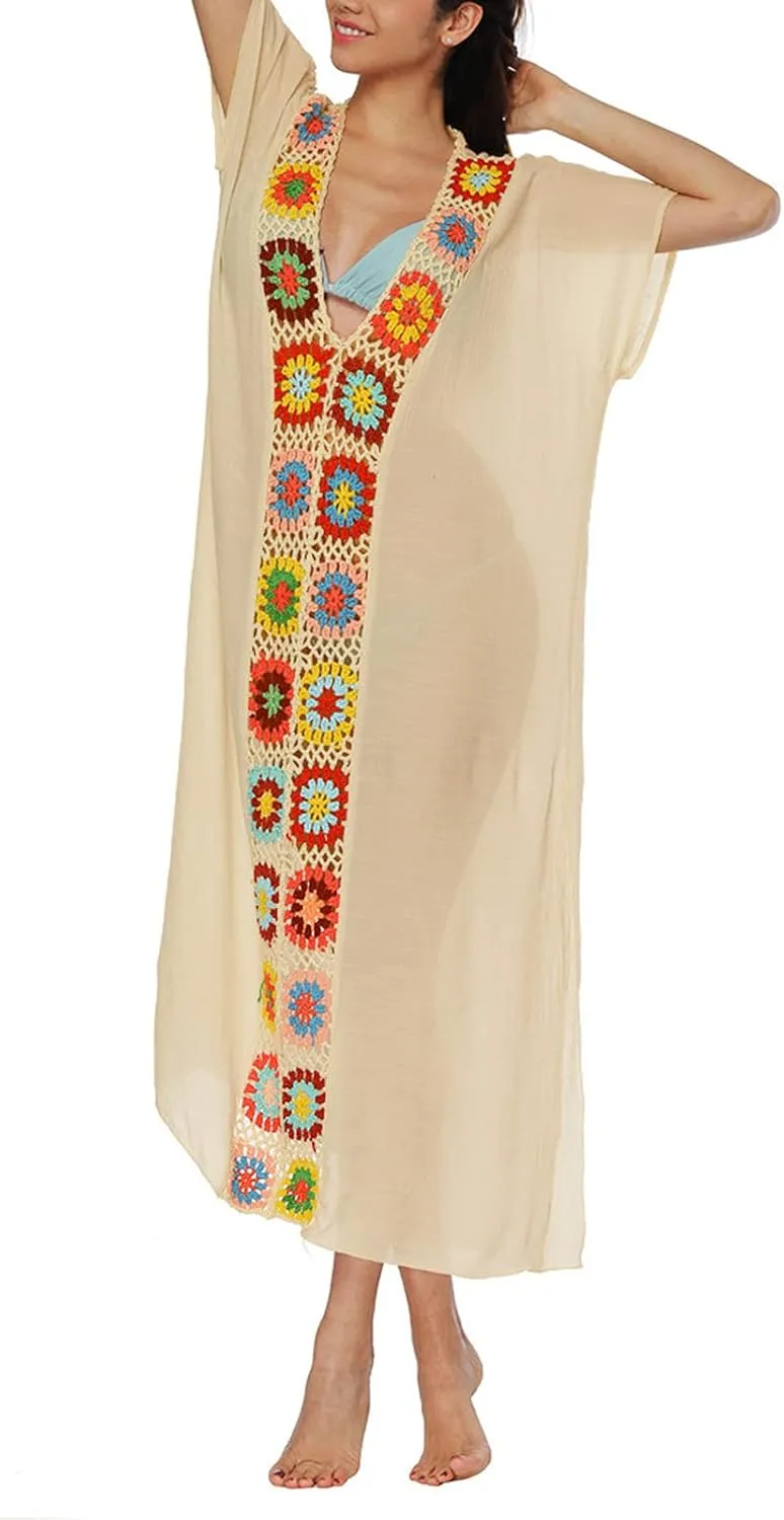 Summer Women Kaftan Dress Swimsuit Cover Up Caftan Split Maxi Swimwear Beach Dresses Deep V Neck Crochet Bathing Suit