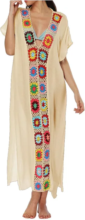 Summer Women Kaftan Dress Swimsuit Cover Up Caftan Split Maxi Swimwear Beach Dresses Deep V Neck Crochet Bathing Suit