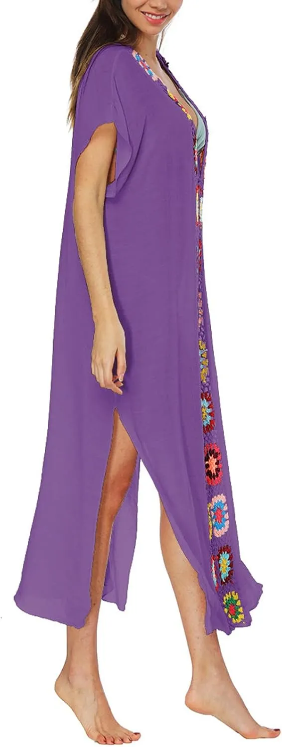 Summer Women Kaftan Dress Swimsuit Cover Up Caftan Split Maxi Swimwear Beach Dresses Deep V Neck Crochet Bathing Suit