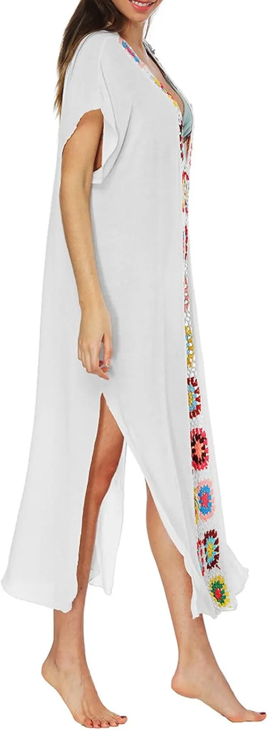 Summer Women Kaftan Dress Swimsuit Cover Up Caftan Split Maxi Swimwear Beach Dresses Deep V Neck Crochet Bathing Suit