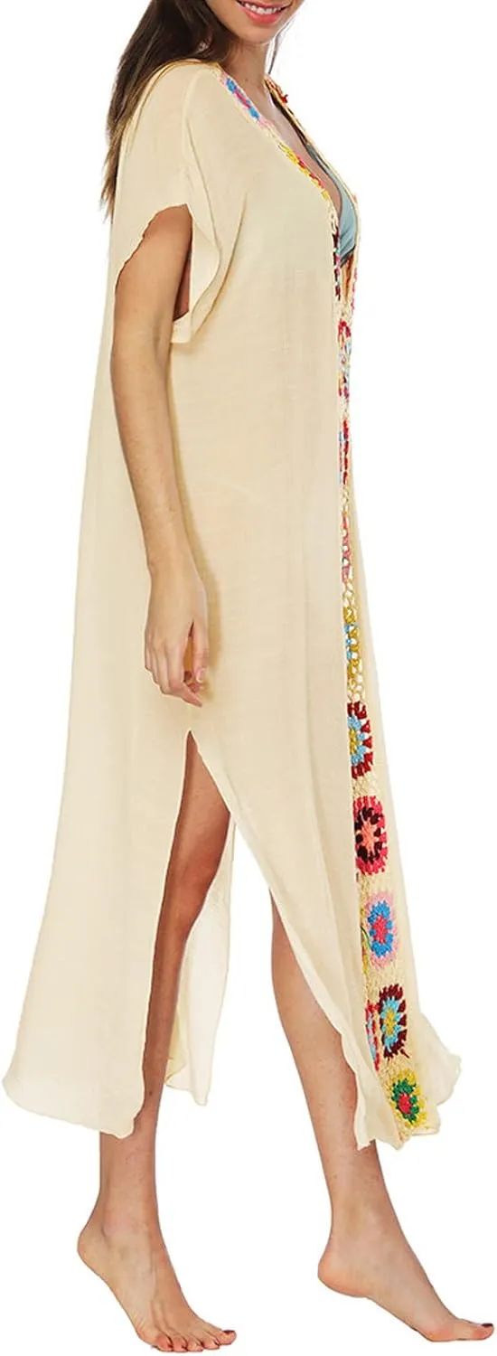 Summer Women Kaftan Dress Swimsuit Cover Up Caftan Split Maxi Swimwear Beach Dresses Deep V Neck Crochet Bathing Suit