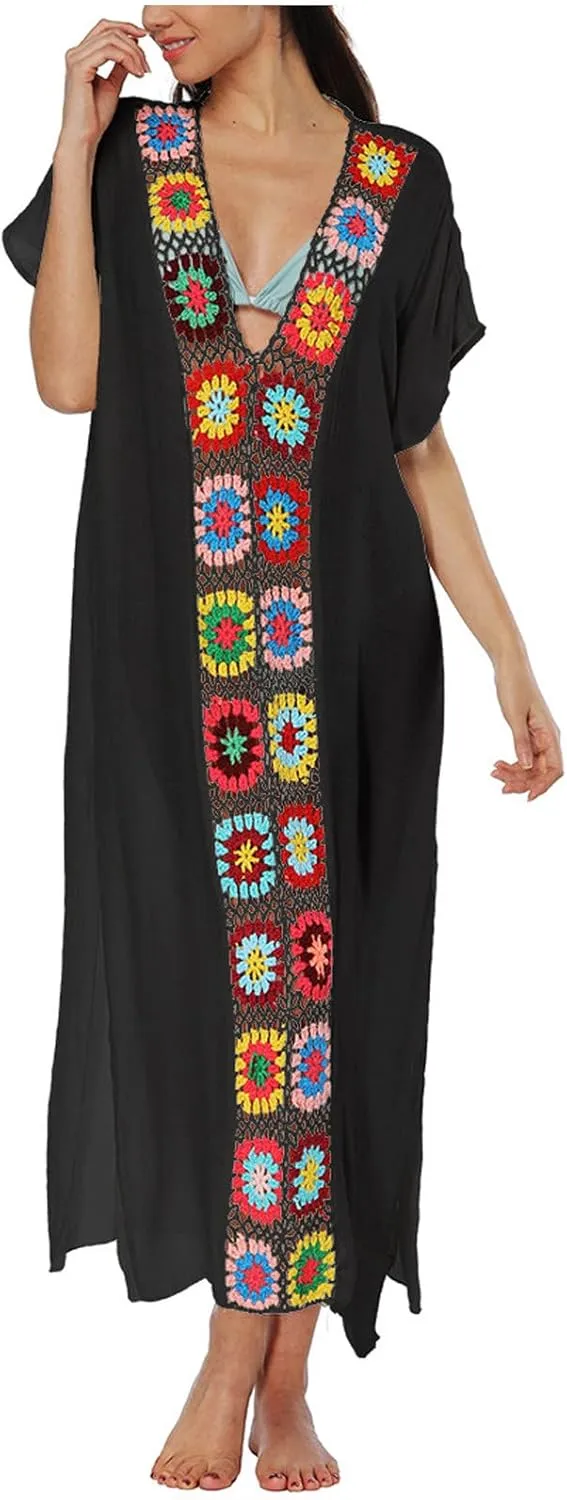 Summer Women Kaftan Dress Swimsuit Cover Up Caftan Split Maxi Swimwear Beach Dresses Deep V Neck Crochet Bathing Suit