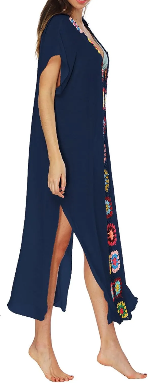 Summer Women Kaftan Dress Swimsuit Cover Up Caftan Split Maxi Swimwear Beach Dresses Deep V Neck Crochet Bathing Suit