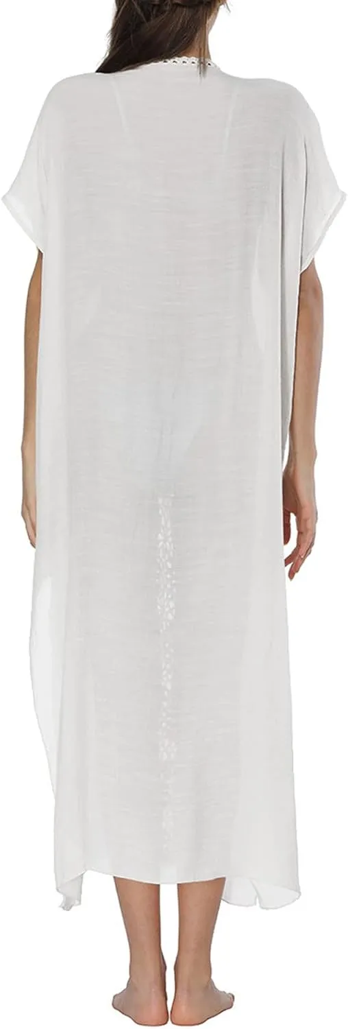 Summer Women Kaftan Dress Swimsuit Cover Up Caftan Split Maxi Swimwear Beach Dresses Deep V Neck Crochet Bathing Suit