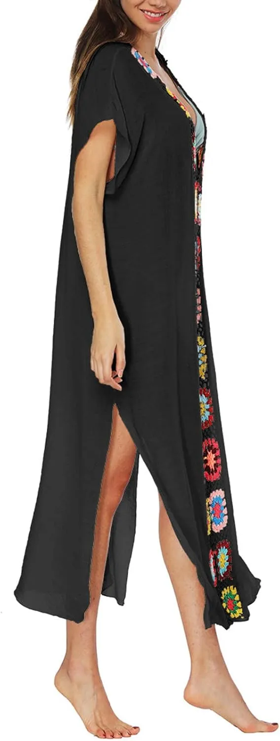 Summer Women Kaftan Dress Swimsuit Cover Up Caftan Split Maxi Swimwear Beach Dresses Deep V Neck Crochet Bathing Suit