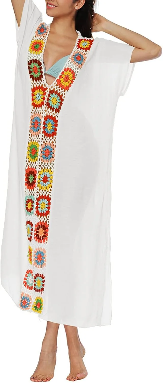 Summer Women Kaftan Dress Swimsuit Cover Up Caftan Split Maxi Swimwear Beach Dresses Deep V Neck Crochet Bathing Suit
