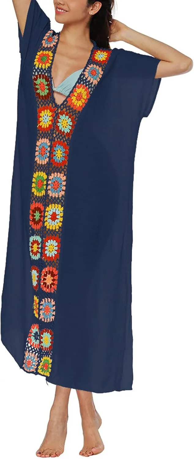 Summer Women Kaftan Dress Swimsuit Cover Up Caftan Split Maxi Swimwear Beach Dresses Deep V Neck Crochet Bathing Suit