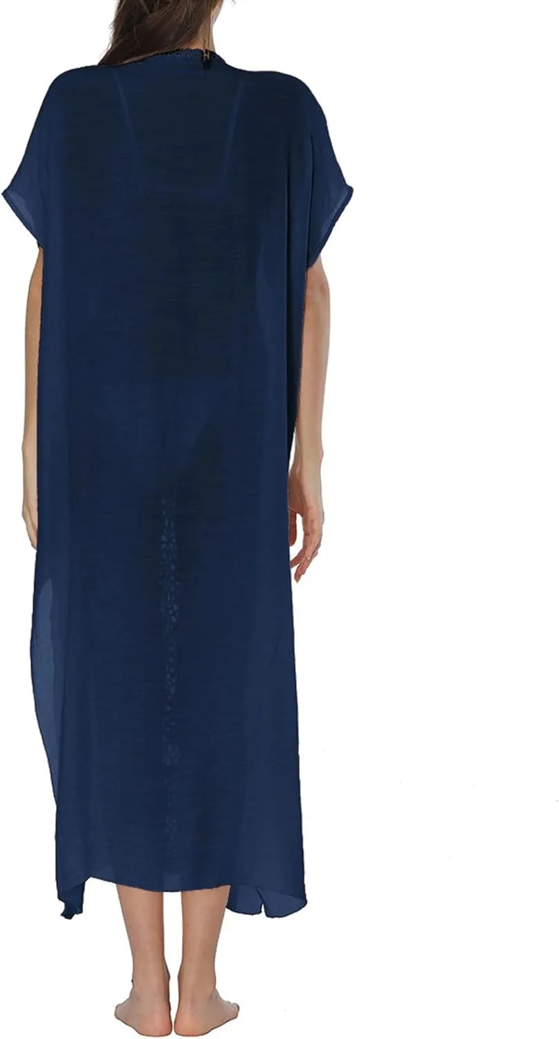 Summer Women Kaftan Dress Swimsuit Cover Up Caftan Split Maxi Swimwear Beach Dresses Deep V Neck Crochet Bathing Suit