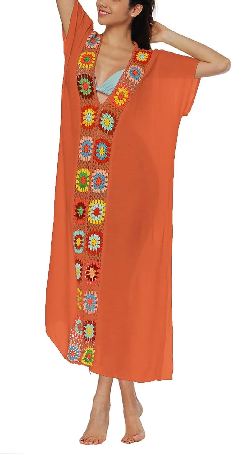 Summer Women Kaftan Dress Swimsuit Cover Up Caftan Split Maxi Swimwear Beach Dresses Deep V Neck Crochet Bathing Suit