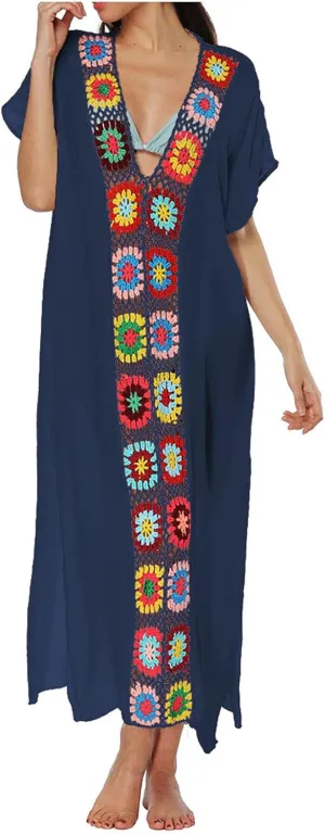Summer Women Kaftan Dress Swimsuit Cover Up Caftan Split Maxi Swimwear Beach Dresses Deep V Neck Crochet Bathing Suit