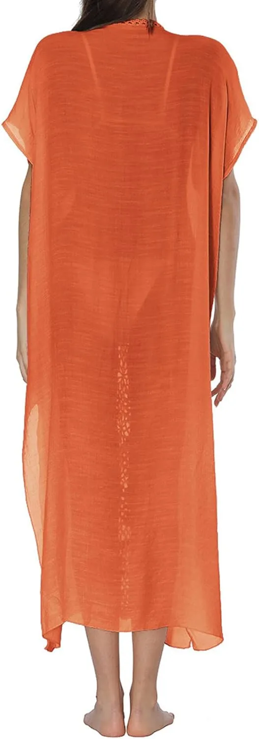 Summer Women Kaftan Dress Swimsuit Cover Up Caftan Split Maxi Swimwear Beach Dresses Deep V Neck Crochet Bathing Suit