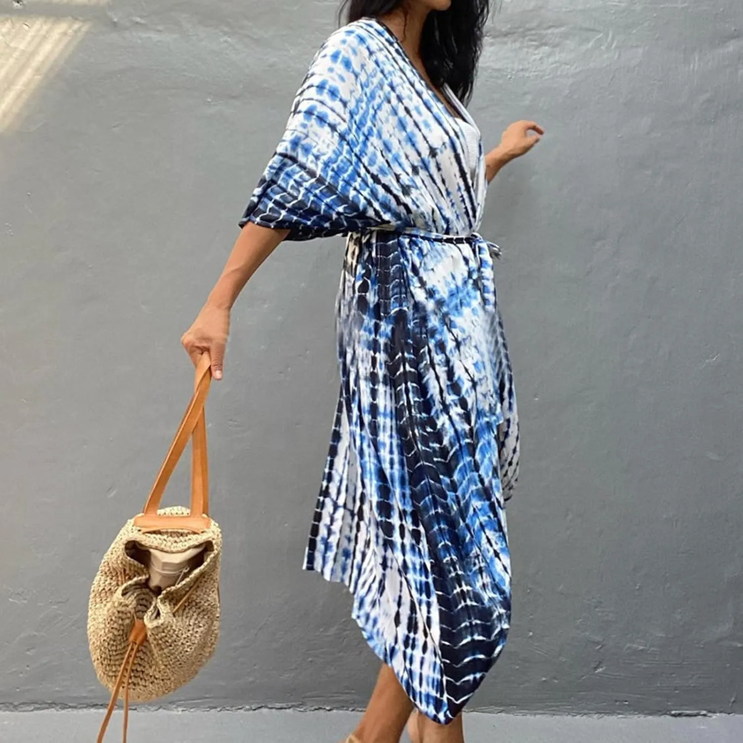 Summer Women's Beach Cover up Swimsuit Kimono with Bohemian Print Loose Flowy Cardigan Casual Resort Wear Bathing Suit