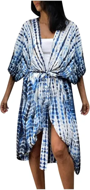 Summer Women's Beach Cover up Swimsuit Kimono with Bohemian Print Loose Flowy Cardigan Casual Resort Wear Bathing Suit