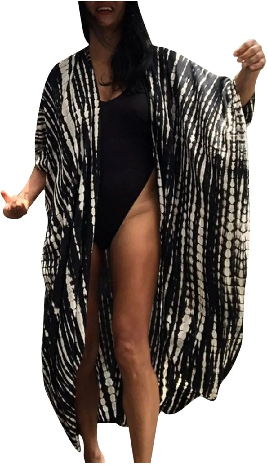 Summer Women's Beach Cover up Swimsuit Kimono with Bohemian Print Loose Flowy Cardigan Casual Resort Wear Bathing Suit