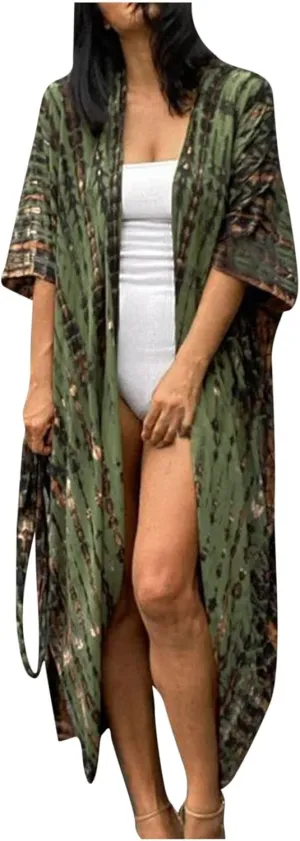 Summer Women's Beach Cover up Swimsuit Kimono with Bohemian Print Loose Flowy Cardigan Casual Resort Wear Bathing Suit