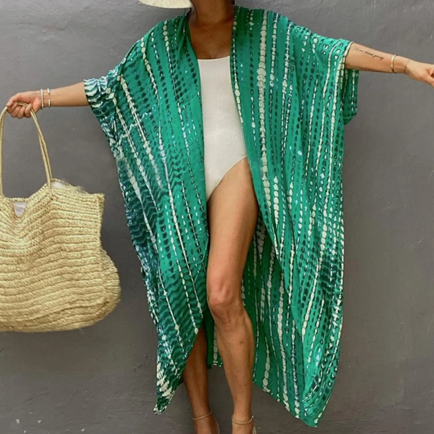 Summer Women's Beach Cover up Swimsuit Kimono with Bohemian Print Loose Flowy Cardigan Casual Resort Wear Bathing Suit