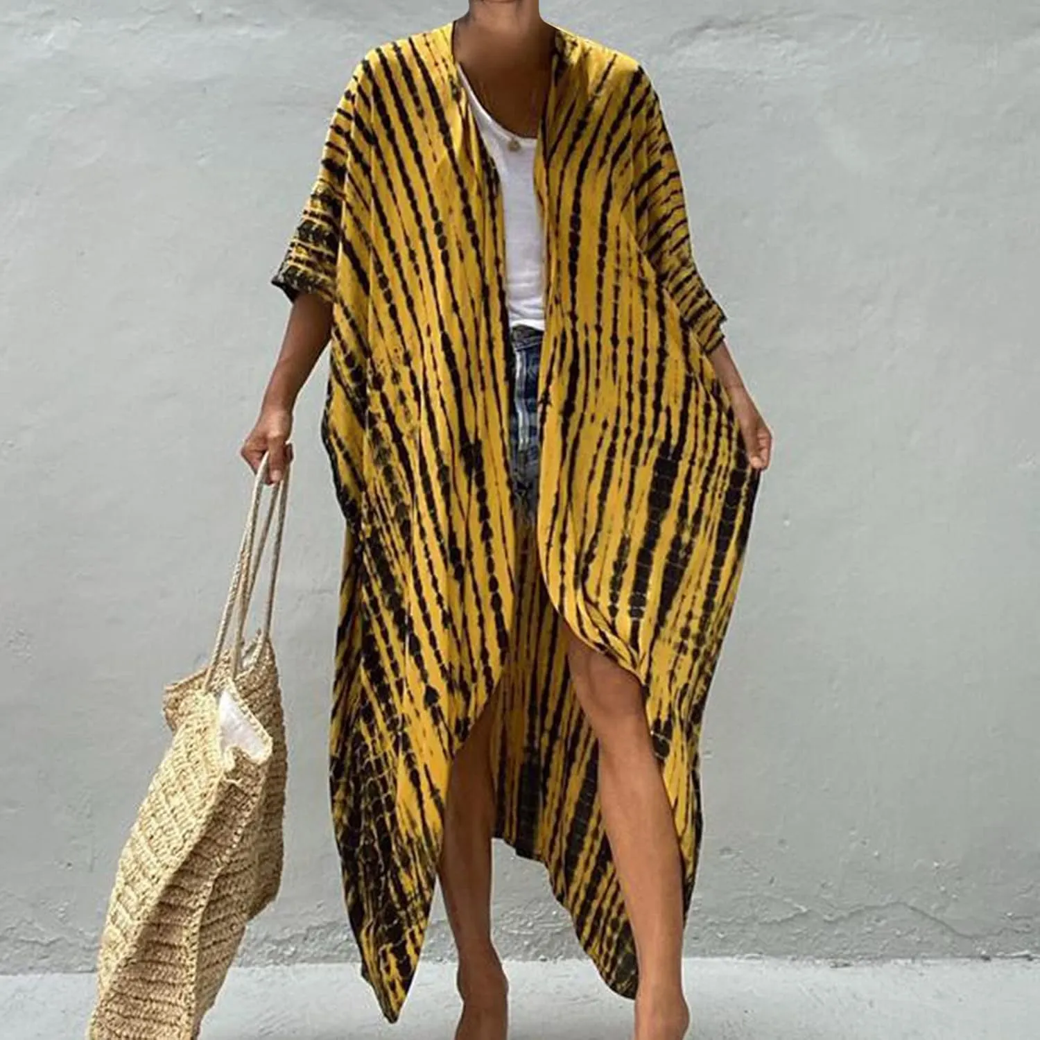 Summer Women's Beach Cover up Swimsuit Kimono with Bohemian Print Loose Flowy Cardigan Casual Resort Wear Bathing Suit