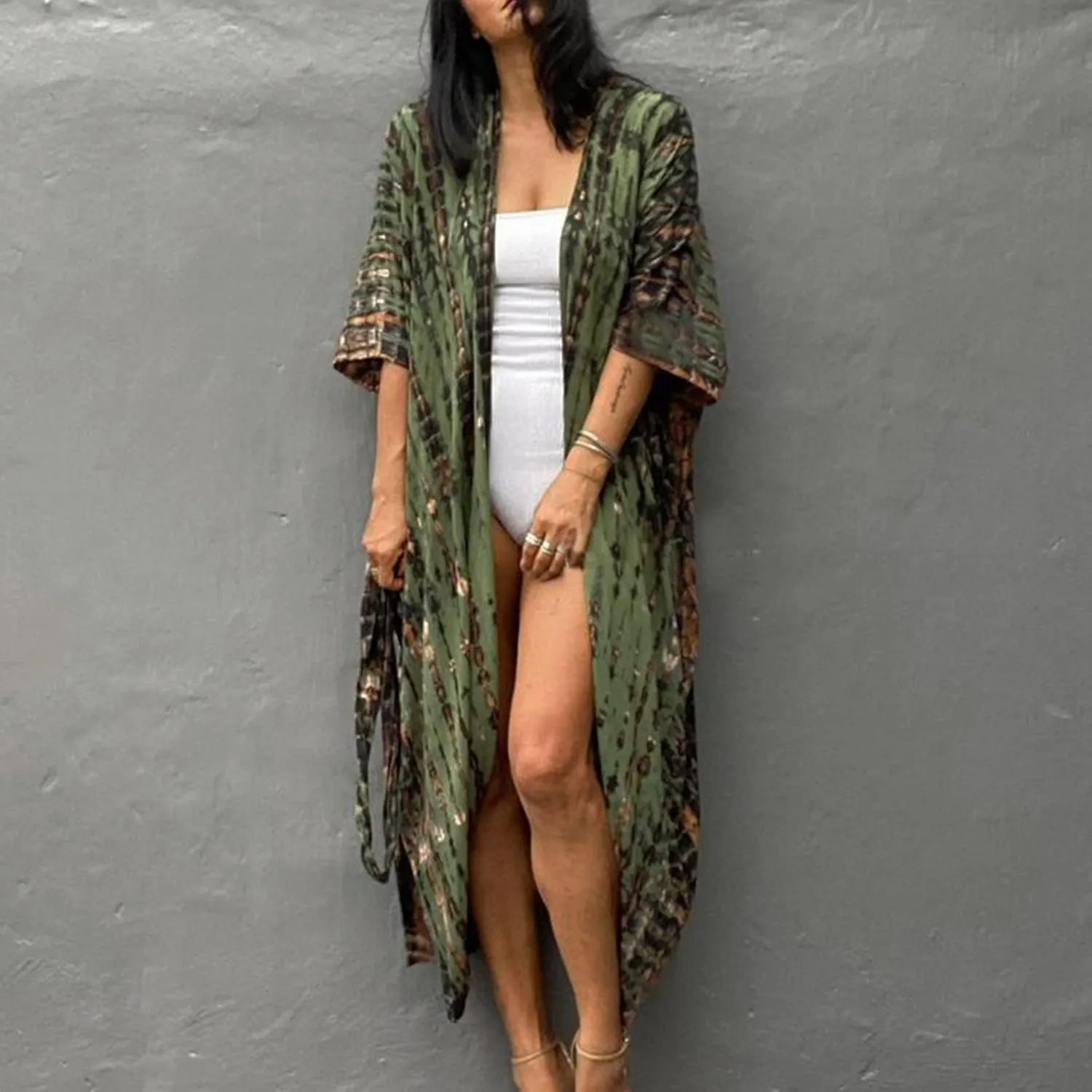 Summer Women's Beach Cover up Swimsuit Kimono with Bohemian Print Loose Flowy Cardigan Casual Resort Wear Bathing Suit