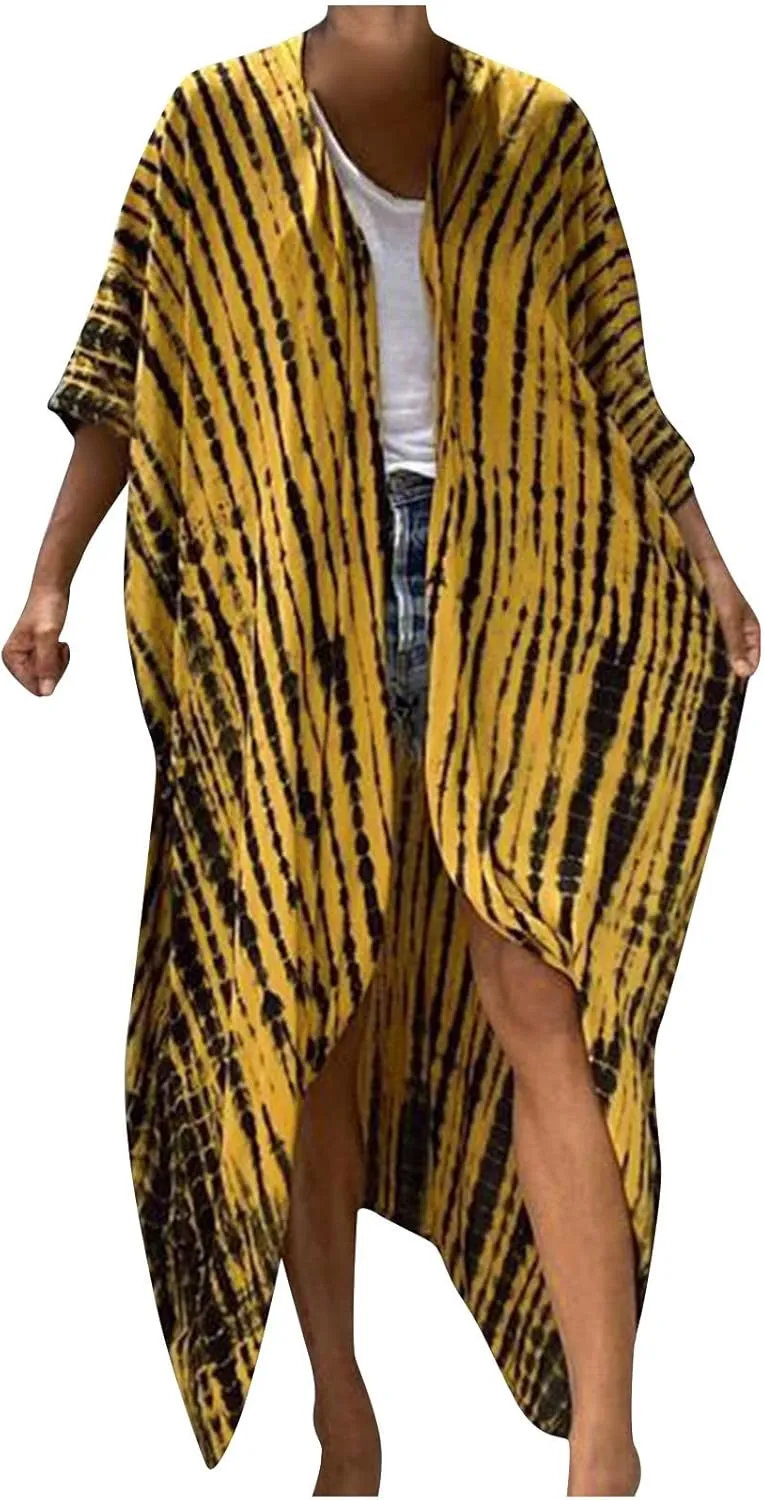 Summer Women's Beach Cover up Swimsuit Kimono with Bohemian Print Loose Flowy Cardigan Casual Resort Wear Bathing Suit