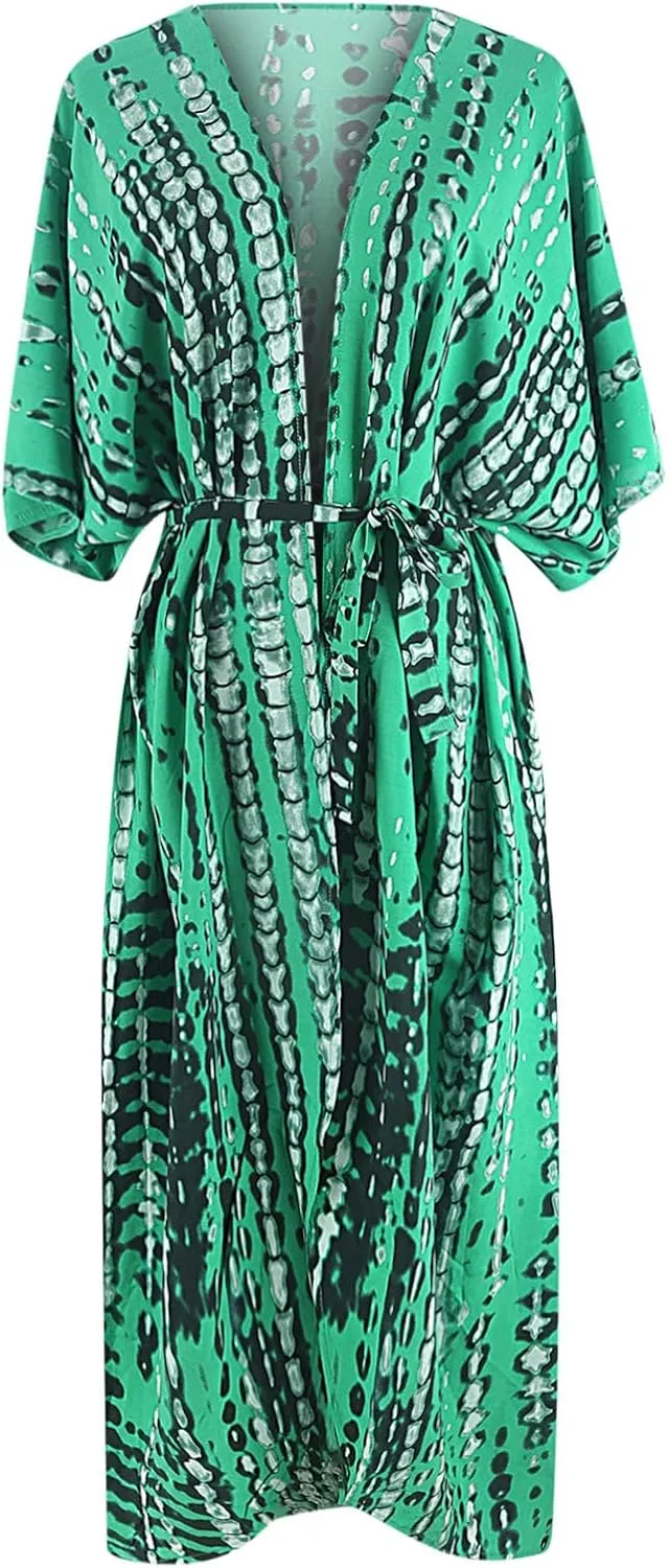 Summer Women's Beach Cover up Swimsuit Kimono with Bohemian Print Loose Flowy Cardigan Casual Resort Wear Bathing Suit