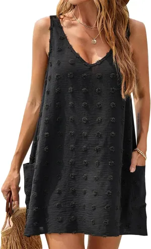 Sun Dresses for Women 2025 Vacation Sleeveless V Neck Tank Dress Polka Dot Beach Cover Up Loose Casual Swimsuit Dress