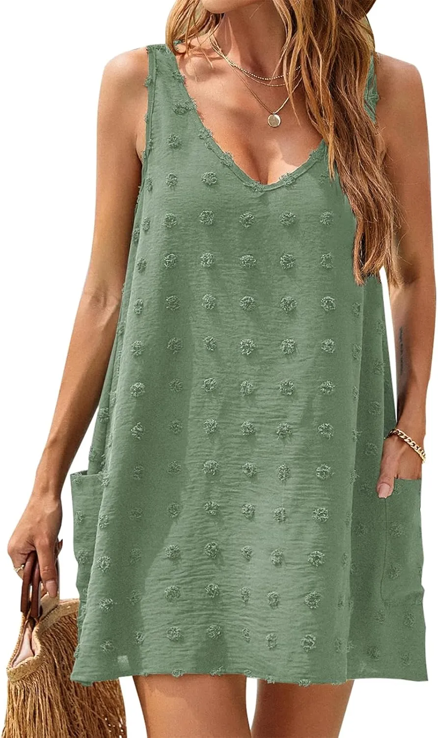 Sun Dresses for Women 2025 Vacation Sleeveless V Neck Tank Dress Polka Dot Beach Cover Up Loose Casual Swimsuit Dress