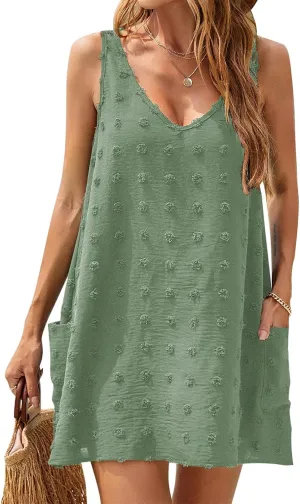 Sun Dresses for Women 2025 Vacation Sleeveless V Neck Tank Dress Polka Dot Beach Cover Up Loose Casual Swimsuit Dress