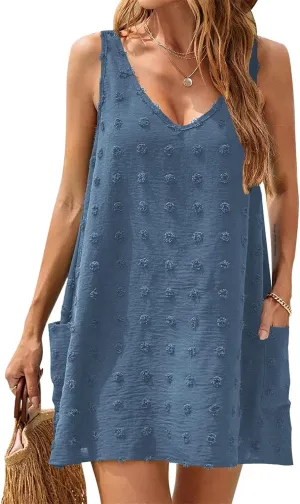 Sun Dresses for Women 2025 Vacation Sleeveless V Neck Tank Dress Polka Dot Beach Cover Up Loose Casual Swimsuit Dress