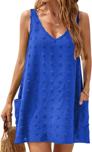Sun Dresses for Women 2025 Vacation Sleeveless V Neck Tank Dress Polka Dot Beach Cover Up Loose Casual Swimsuit Dress