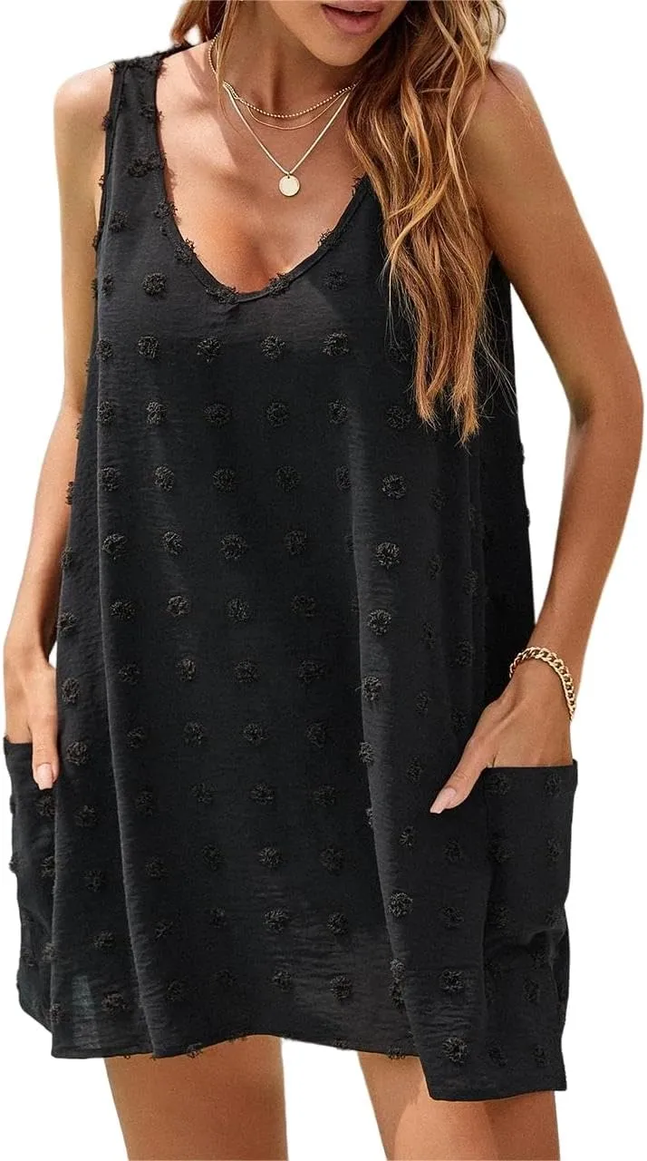 Sun Dresses for Women 2025 Vacation Sleeveless V Neck Tank Dress Polka Dot Beach Cover Up Loose Casual Swimsuit Dress