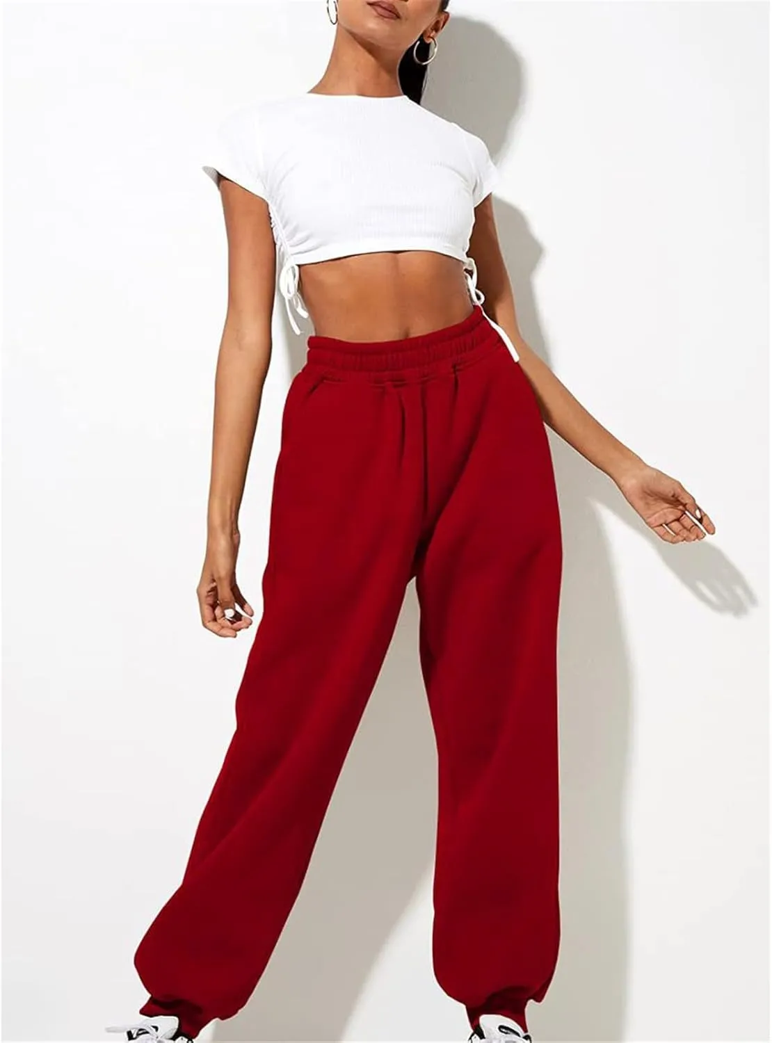 Sweatpants for Women Ladies Solid Color Drawstring Elastic Waist Casual Loose Foot Fleece Casual Athletic Workout