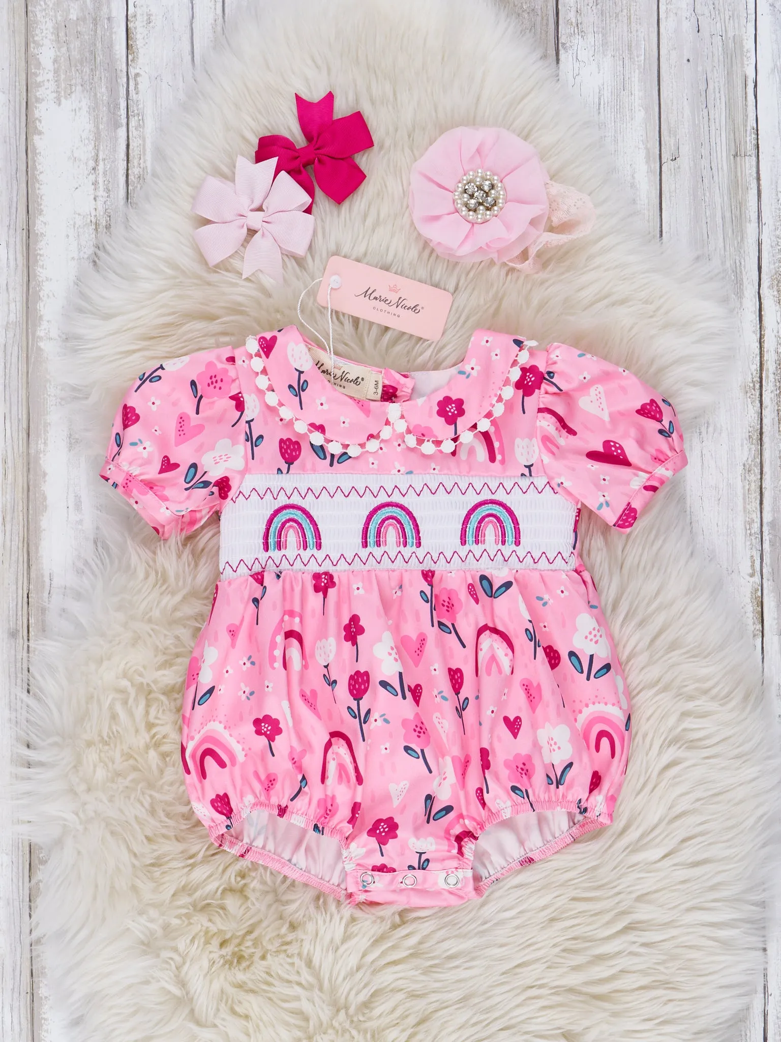 Sweet Pink Floral Rainbow Smocked Bubble