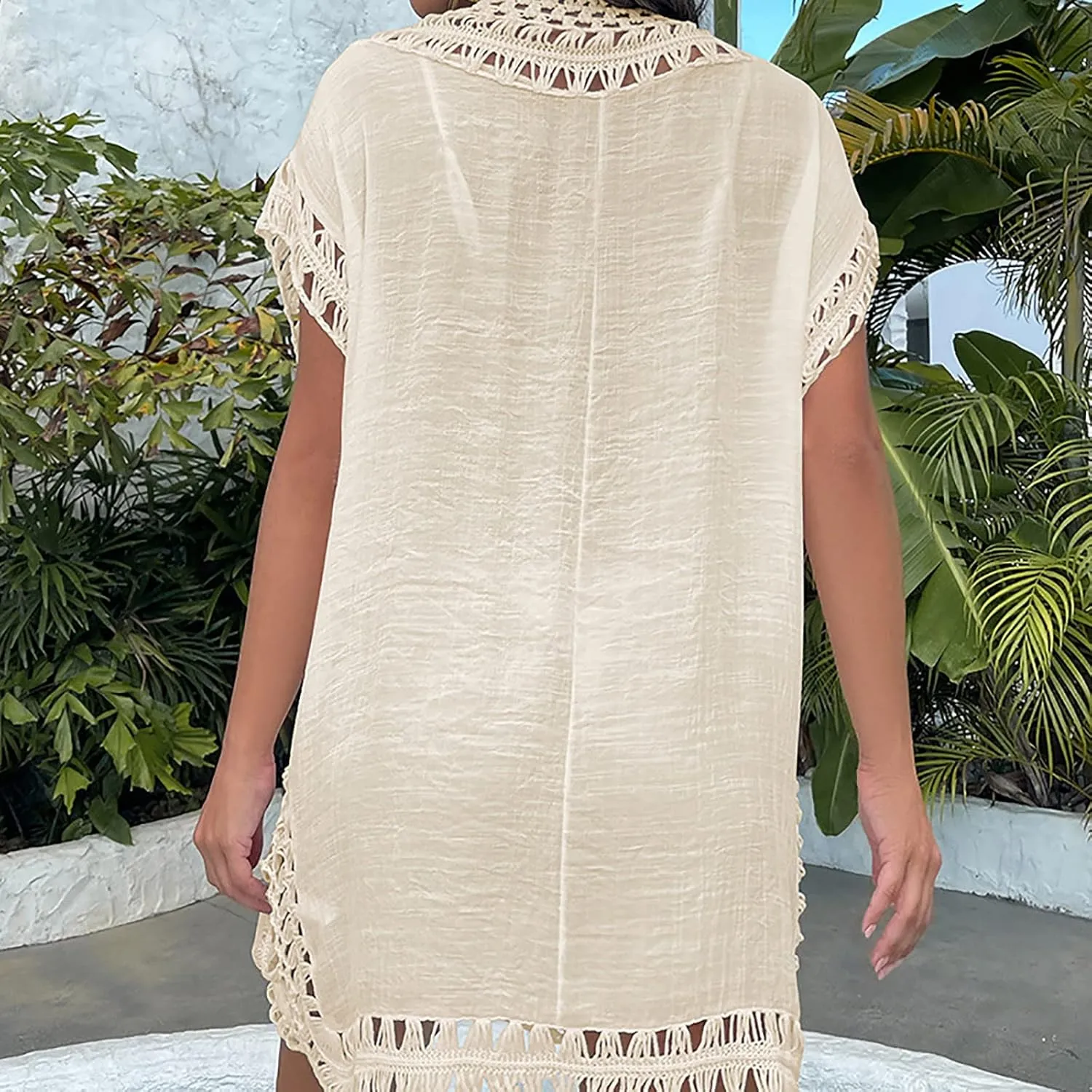 Swimsuit Cover Ups for Women, V Neck Hollow Out Swim Crochet Short-Sleeve Swimwear Loose Summer Beach Cover Up Dress