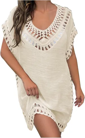 Swimsuit Cover Ups for Women, V Neck Hollow Out Swim Crochet Short-Sleeve Swimwear Loose Summer Beach Cover Up Dress
