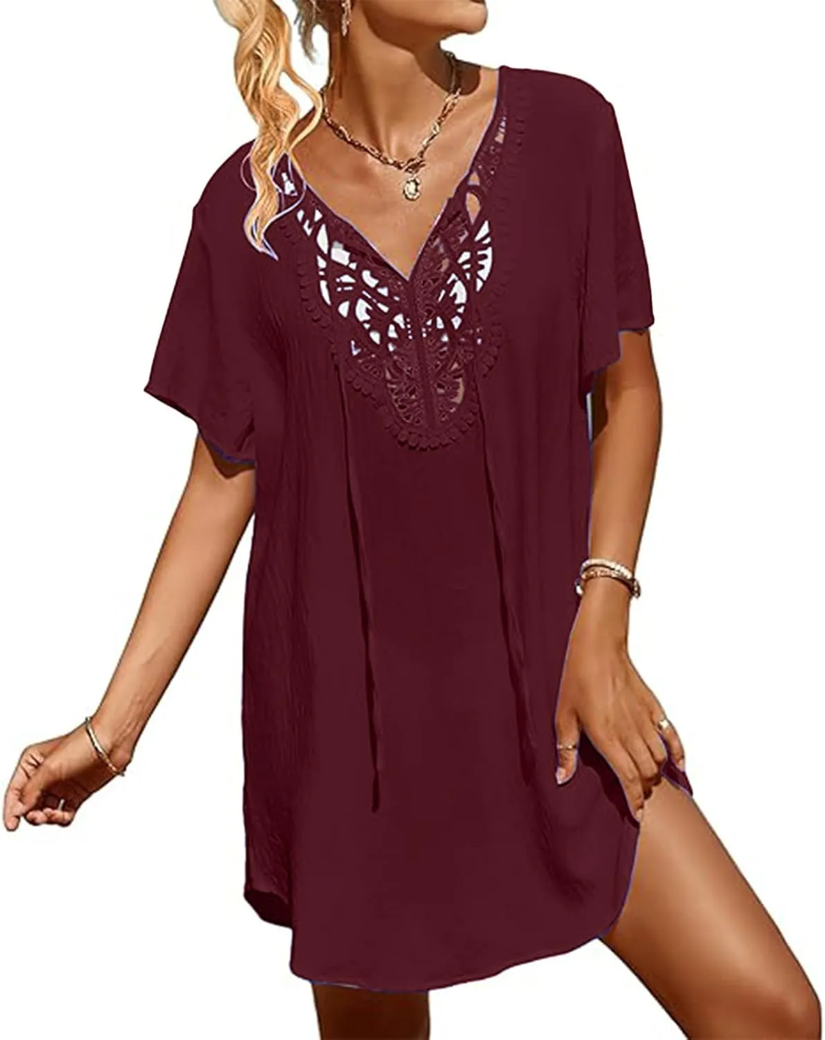 Swimsuit Coverup for Women Crochet Dress Lace V Neck Swim Cover Up Summer Plain Short Sleeve Flowy Beach Dress