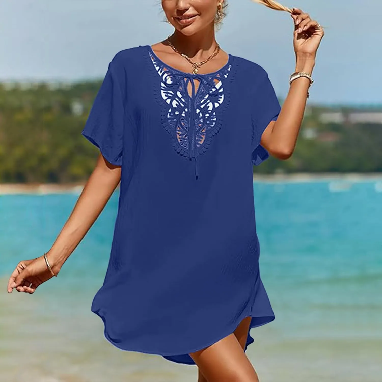 Swimsuit Coverup for Women Crochet Dress Lace V Neck Swim Cover Up Summer Plain Short Sleeve Flowy Beach Dress