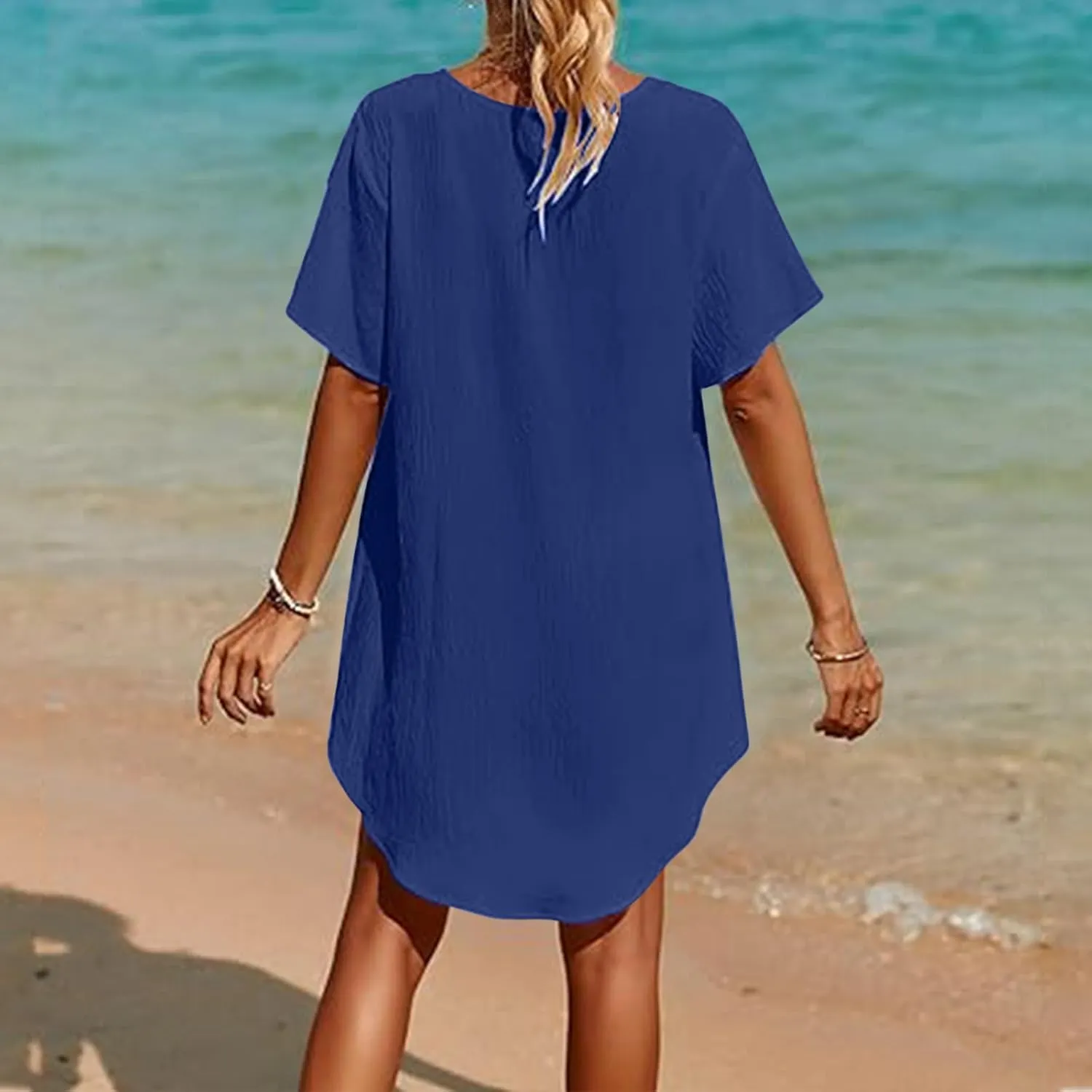 Swimsuit Coverup for Women Crochet Dress Lace V Neck Swim Cover Up Summer Plain Short Sleeve Flowy Beach Dress