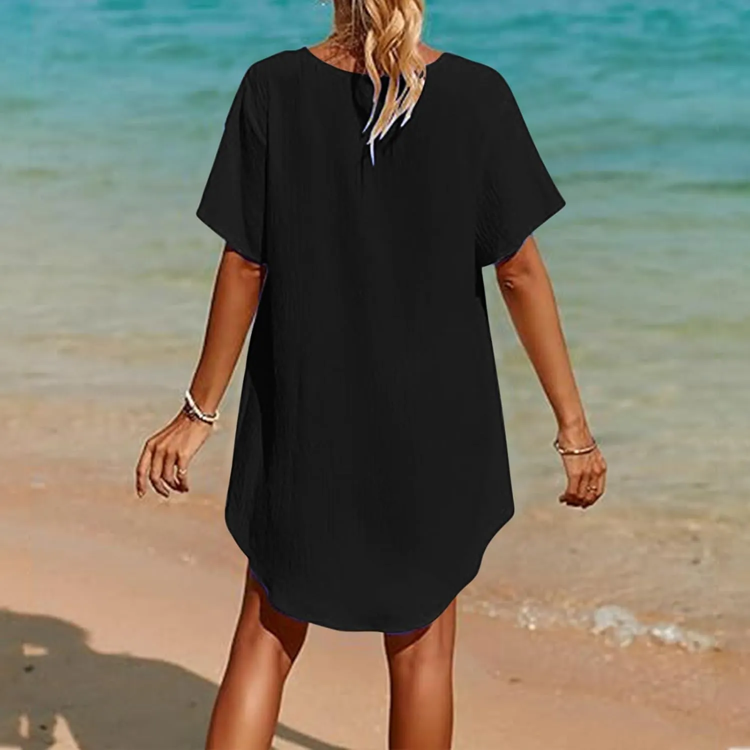 Swimsuit Coverup for Women Crochet Dress Lace V Neck Swim Cover Up Summer Plain Short Sleeve Flowy Beach Dress