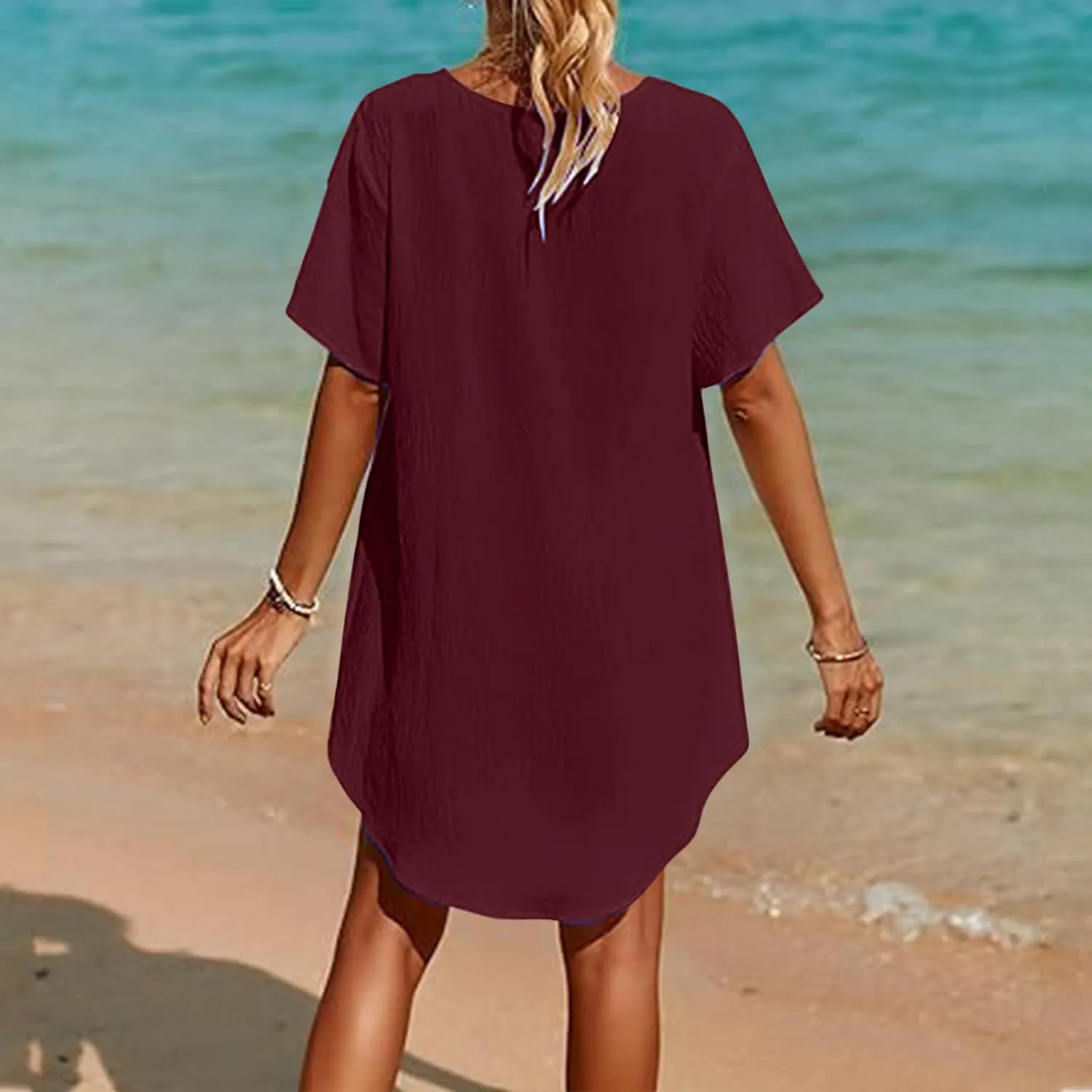 Swimsuit Coverup for Women Crochet Dress Lace V Neck Swim Cover Up Summer Plain Short Sleeve Flowy Beach Dress