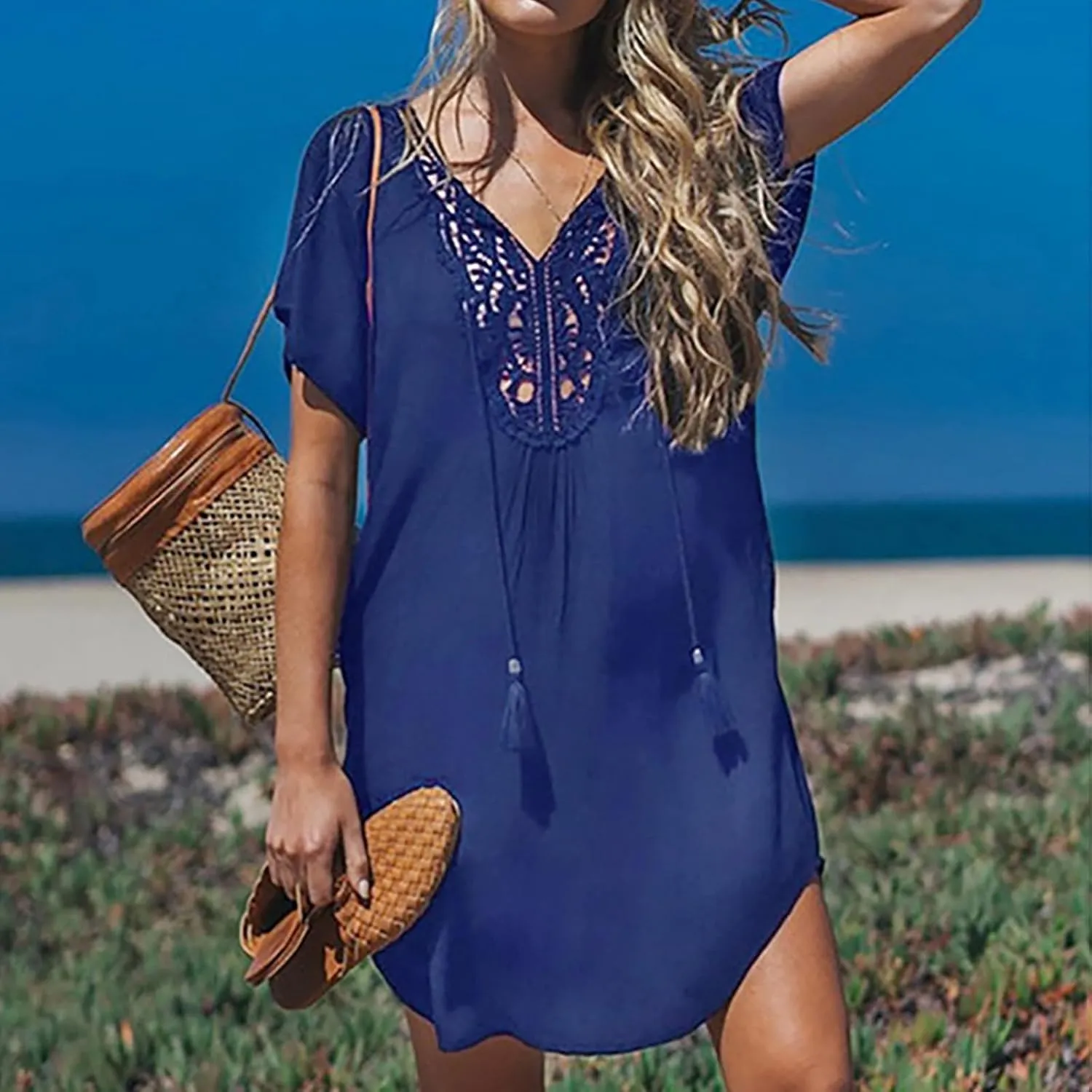 Swimsuit Coverup for Women Crochet Dress Lace V Neck Swim Cover Up Summer Plain Short Sleeve Flowy Beach Dress