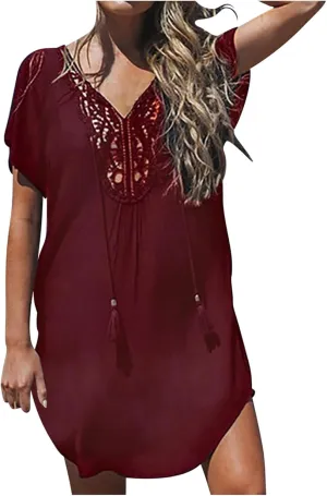Swimsuit Coverup for Women Crochet Dress Lace V Neck Swim Cover Up Summer Plain Short Sleeve Flowy Beach Dress