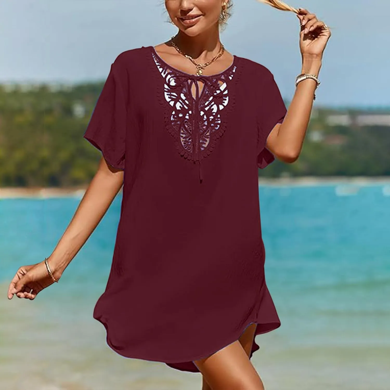 Swimsuit Coverup for Women Crochet Dress Lace V Neck Swim Cover Up Summer Plain Short Sleeve Flowy Beach Dress