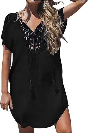 Swimsuit Coverup for Women Crochet Dress Lace V Neck Swim Cover Up Summer Plain Short Sleeve Flowy Beach Dress