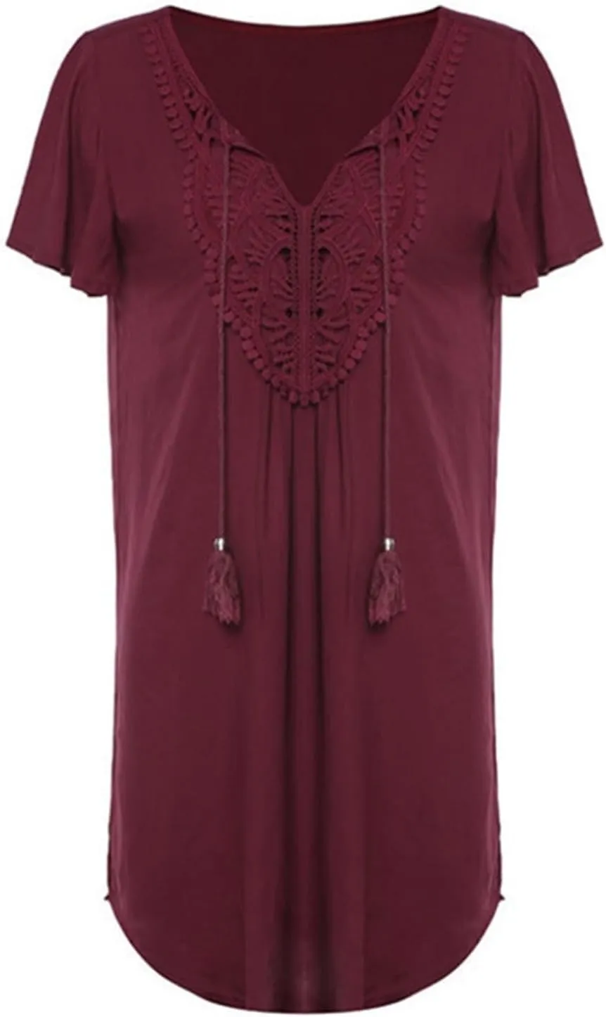 Swimsuit Coverup for Women Crochet Dress Lace V Neck Swim Cover Up Summer Plain Short Sleeve Flowy Beach Dress