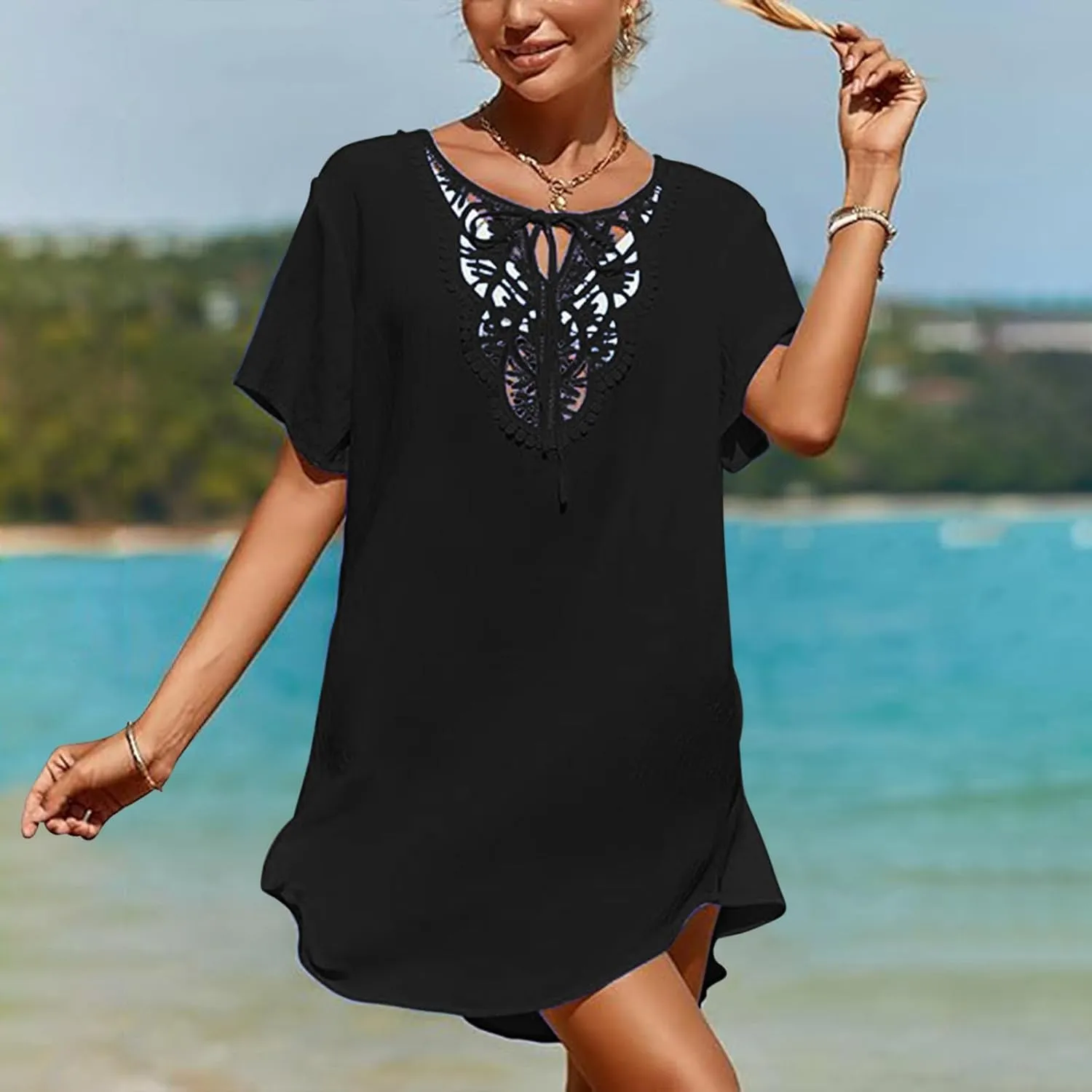 Swimsuit Coverup for Women Crochet Dress Lace V Neck Swim Cover Up Summer Plain Short Sleeve Flowy Beach Dress