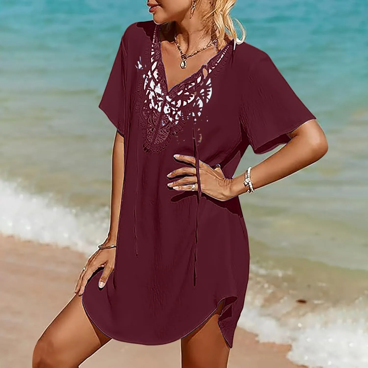 Swimsuit Coverup for Women Crochet Dress Lace V Neck Swim Cover Up Summer Plain Short Sleeve Flowy Beach Dress