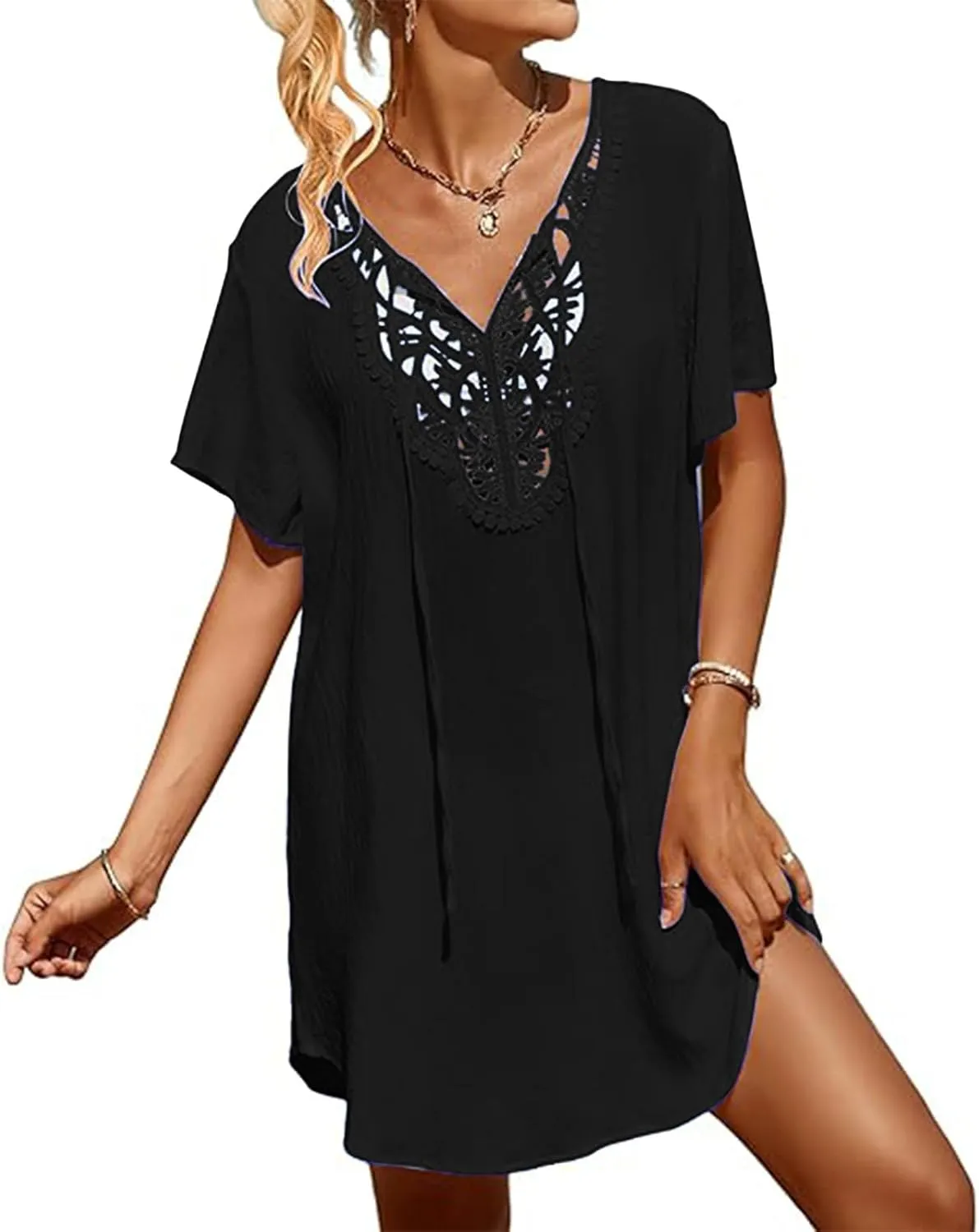 Swimsuit Coverup for Women Crochet Dress Lace V Neck Swim Cover Up Summer Plain Short Sleeve Flowy Beach Dress